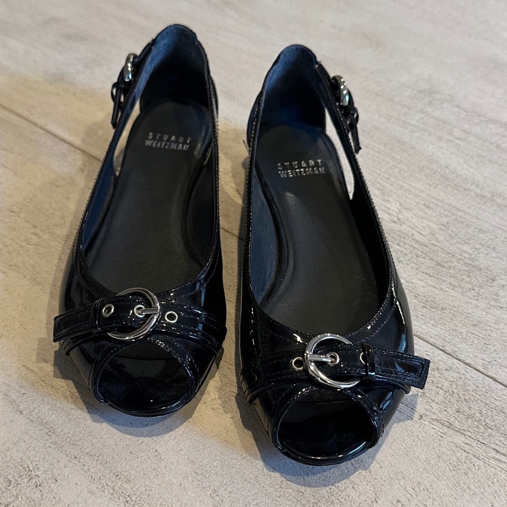 Stuart Weitzman Chitchat Black Patent Leather Sandal - Size 6